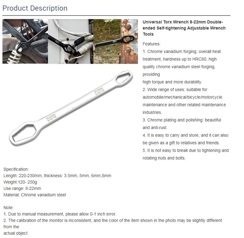 Universal Torx Wrench 8-22mm Double-ended Self-tightening Adjustable Wrench Tools