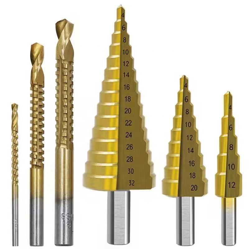 High Speed Steel 4241 Titanium Plated Triangle Handle Drill 6pcs Pagoda Drill Carpenter Broaching Saw hss drill bit set