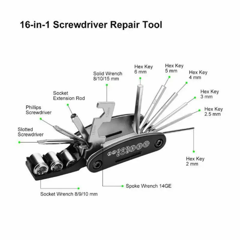 Bicycle 16 in 1 Folding Hex Allen Key Socket Wrench Flat Slot Phillips Screwdriver Bits Allen Key Set