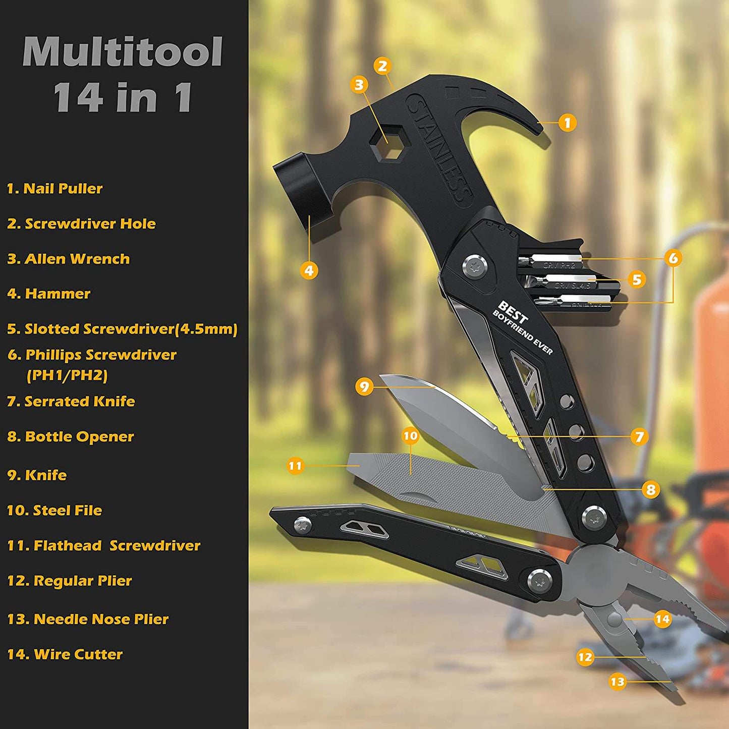 camping outdoor equipment multi-function Survival Hammer, All in One Tools Multi Tool with Knife