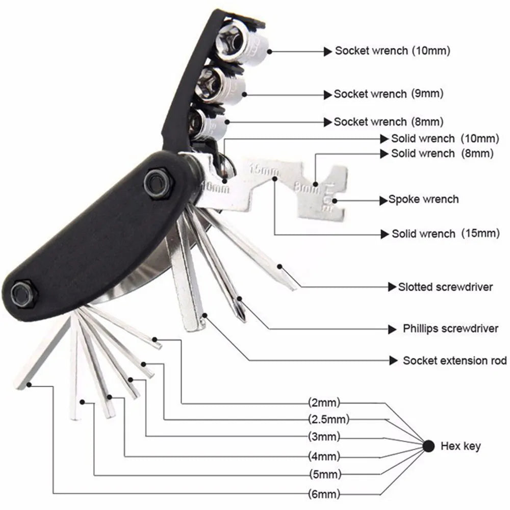 Bicycle 16 in 1 Folding Hex Allen Key Socket Wrench Flat Slot Phillips Screwdriver Bits Allen Key Set